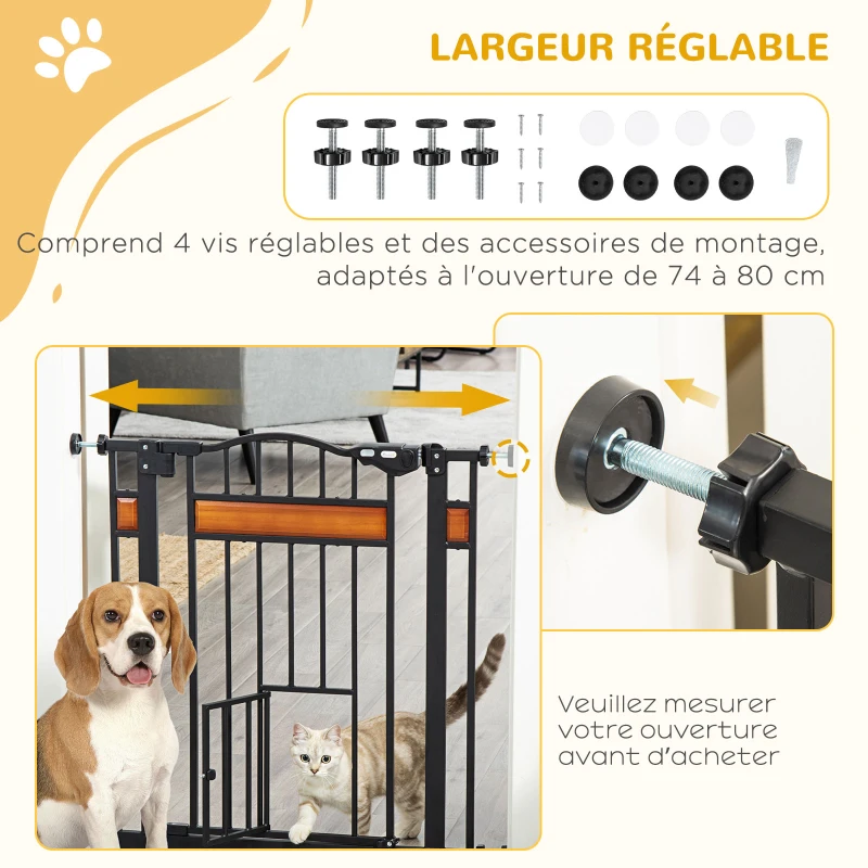 PawHut Barrière de sécurité pour animaux système de double verrouillage sans perçage 74 à 80 cm acier bois de pin noir