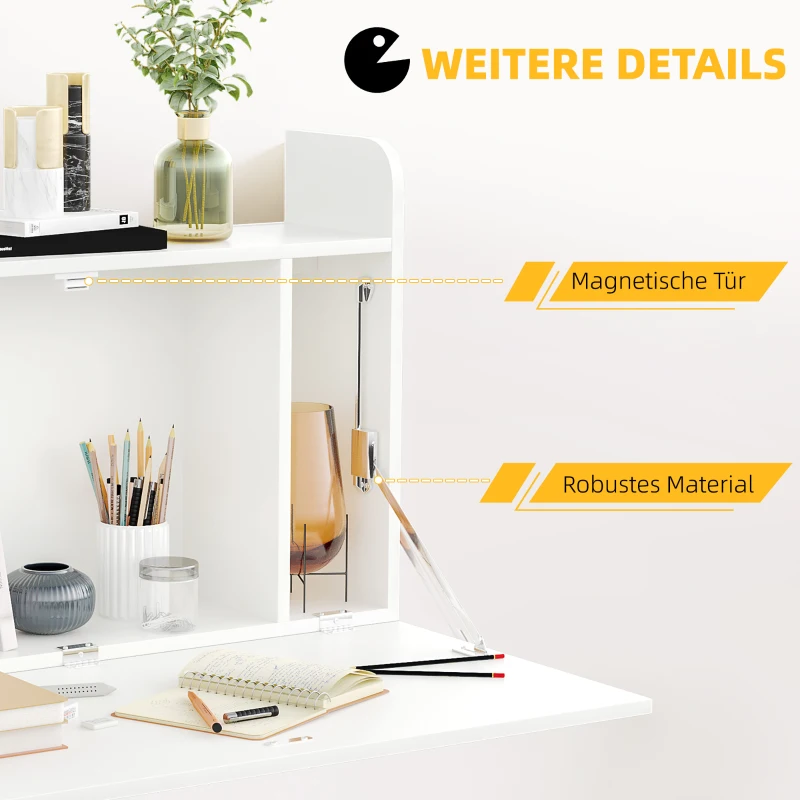 HOMCOM Wandklapptisch mit Regalen, 77 cm x 20 cm x 51 cm, Weiß