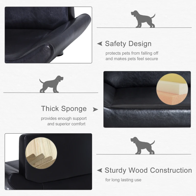 PawHut Pet Sofa Chair Dog Cat Kitten Couch Bed Luxury Furniture Faux Leather Seater Black