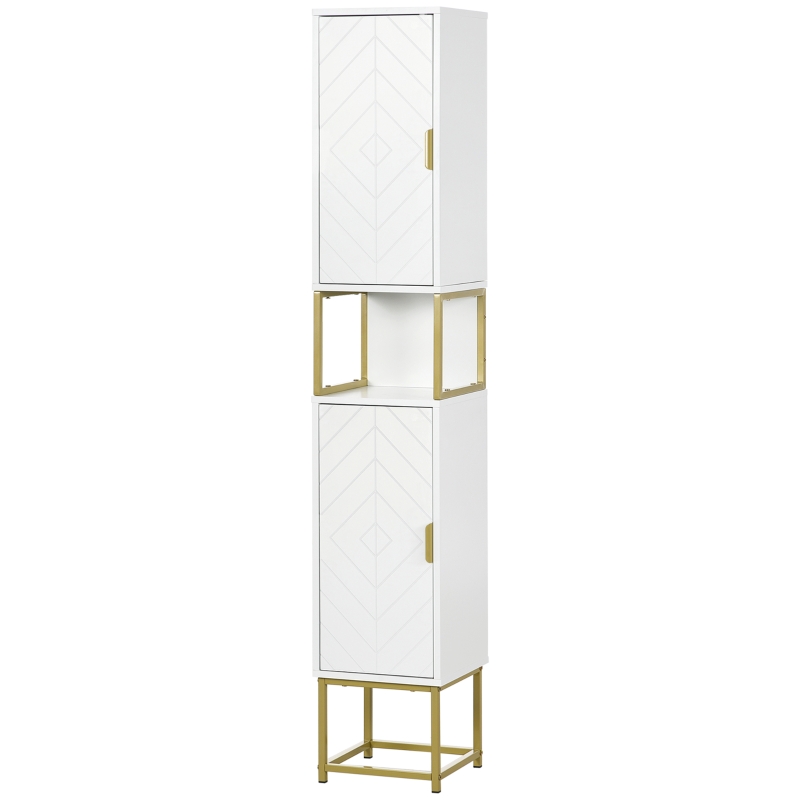 kleankin Colonna Bagno con 2 Armadietti e Ripiano in MDF e Acciaio, 30x30x170.7cm, Bianco e Oro