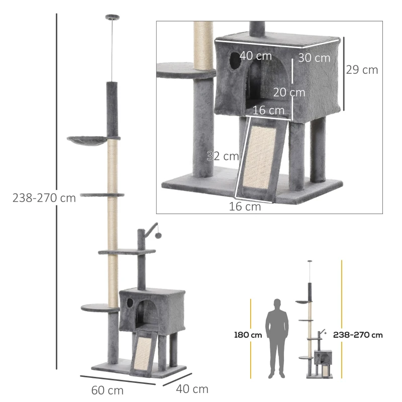PawHut Árbol Rascador para Gatos Altura Ajustable 238-270 cm Torre para Gatos para Fijar al Techo con Hamaca Cueva Rampa Bola de Juego 60x40x270 cm Gris Claro