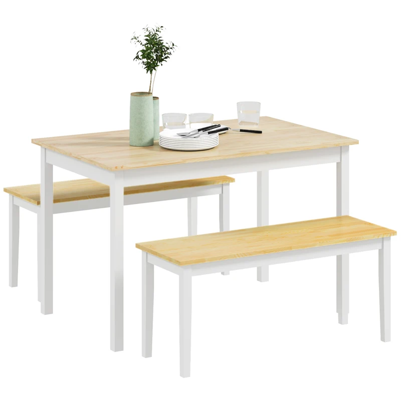 HOMCOM Dining Table and Bench Set, Farmhouse Kitchen Table and Bench with Wooden Frame for Living Room, Dining Room, Natural and White