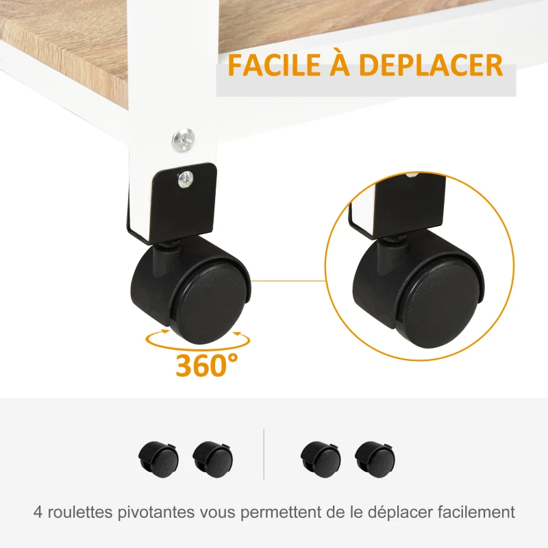 HOMCOM Chariot de service desserte de cuisine à roulettes 2 plateaux amovibles, tiroir, étagère chêne clair bois pin blanc