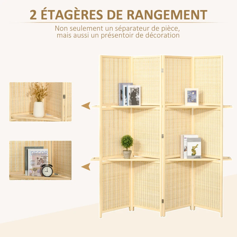 HOMCOM Paravent séparateur de pièce closion de séparation pliable 4 panneaux avec 2 étagères 180 x 180 cm naturel