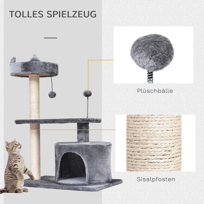 PawHut Katzenbaum mit Hängebett, 3-Stock Kratzbaum, Katzenhöhle, Katzenhaus mit Spielbällen, mit Sisalsäule und Kratzbrett, Plüsch Grau 60 x 40 x 81 cm