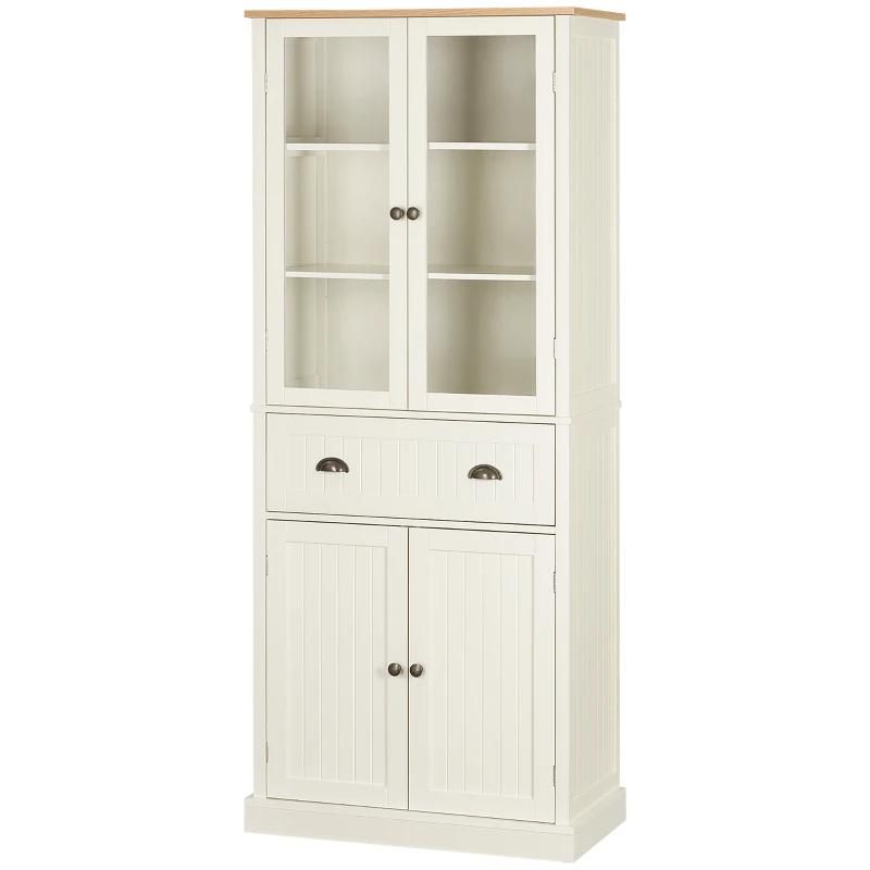 HOMCOM Buffet meuble cuisine rangement armoire de cuisine 4 portes dont 2 portes vitrées et 1 tiroir hauteur 182,5 cm avec étagères réglables - beige(m-10)