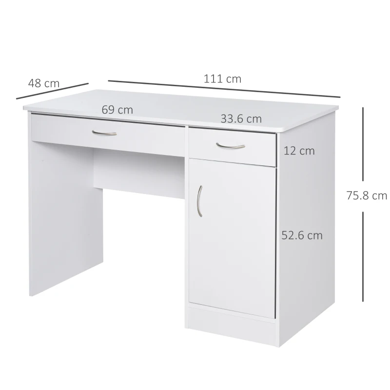 HOMCOM Scrivania Moderna per PC e Computer con 2 Cassetti e 1 Armadietto, Scrivania con Libreria Salvaspazio per Ufficio o Camera in Legno, Bianco
