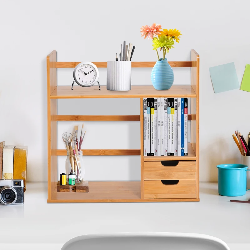 HOMCOM Organizador de Escritorio Mesa de Bambú Estantería Sobremesa Estante de Almacenamiento Multifuncional para Oficina Libros 48x19.5x46cm