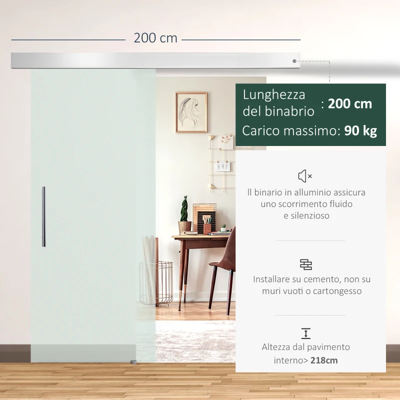 HOMCOM Porta Scorrevole Interna in Vetro Smerigliato con Binario B1 e Maniglia per Bagno Cucina Studio Vetro 205x 77,5x 0,8cm