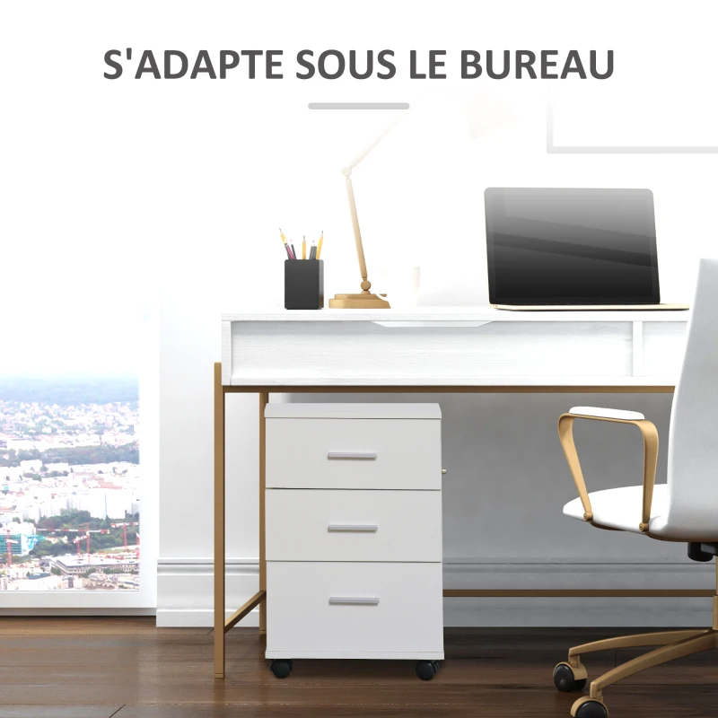 HOMCOM Caisson de Bureau Rangement Bureau sur Roulettes 3 Tiroirs Verrouillables 40 x 40 x 61,5 cm Blanc