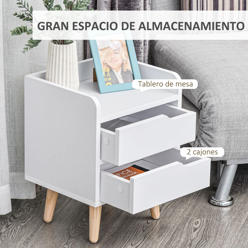 HOMCOM Mesa de Noche Multiusos Mesita Auxiliar para Sala de Estar o Dormitorio con 2 Cajones Espaciosos Patas Elevadas de Pino Diseño Moderno 33x28x42 cm Blanco