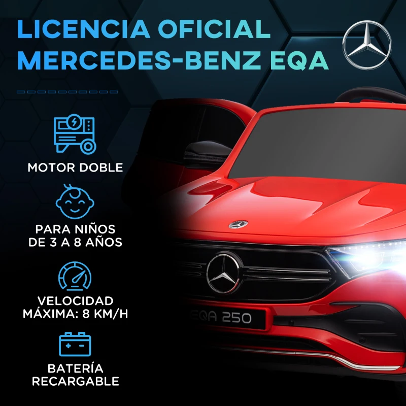 HOMCOM Coche Eléctrico para Niños Mercedes-Benz EQA 12V Control Remoto Música Bocina Velocidad 3-8 km/h 111,5x69x52,5 cm Rojo