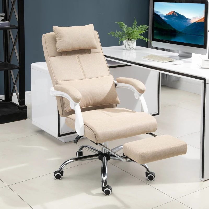 HOMCOM Fauteuil de Bureau Chaise de Bureau Ergonomique avec Repose-Pieds Rétractable, Dossier inclinable, tétière et Soutien des Lombaires, Réglable en Hauteur, en tissu Beige