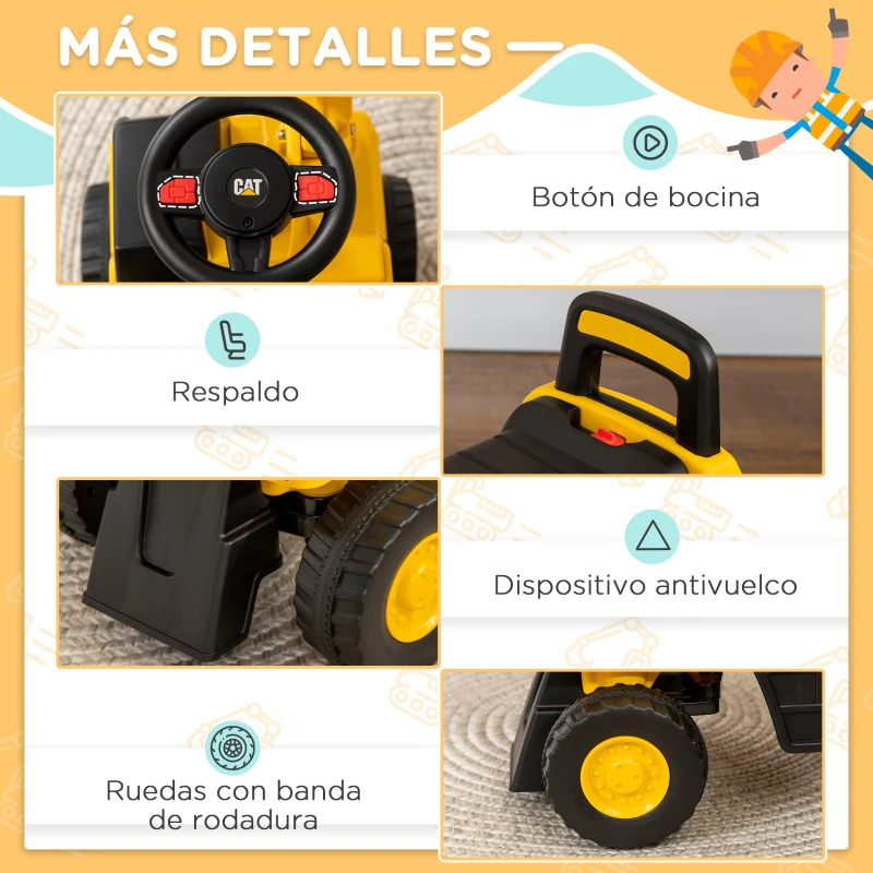HOMCOM Excavador Correpasillos con Licencia Caterpillar para Niños con Pala Delantera y Bocina  85x27,5x47,5 cm Amarillo