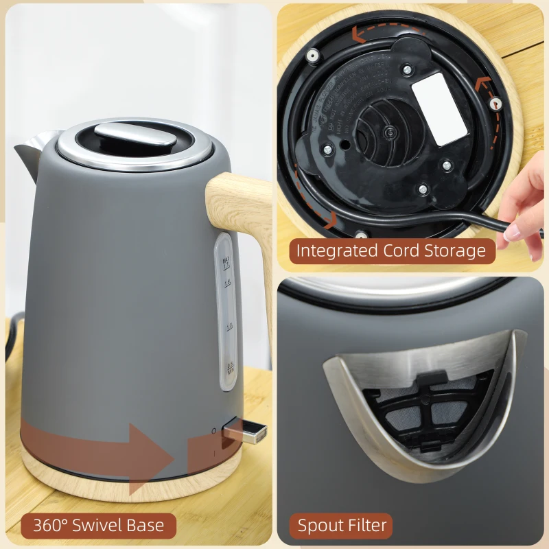 HOMCOM Stainless Steel Kettle and Toaster Set, 1.7L 3000W Fast Boil Kettle & 2 Slice Toaster Kitchen Set with 7 Level Browning Controls, Defrost, Reheat, Auto Off, Boil-dry Protection, Grey