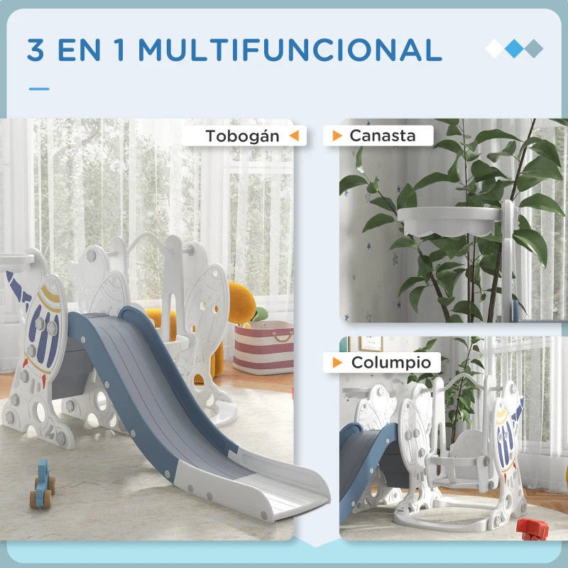 AIYAPLAY Juego de Tobogán y Columpio para Niños 3 en 1 Columpio para Niños de 18-48 Meses Carga 30 kg 150x185x92 cm Blanco y Azul