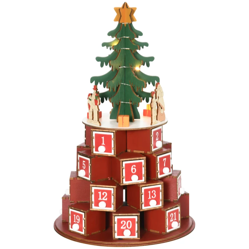 HOMCOM Calendario Avvento di Natale a Cono con Motivi a Tema e 10 Luci a LED, 22x22x35 cm, in Compensato, Rosso Verde e Giallo