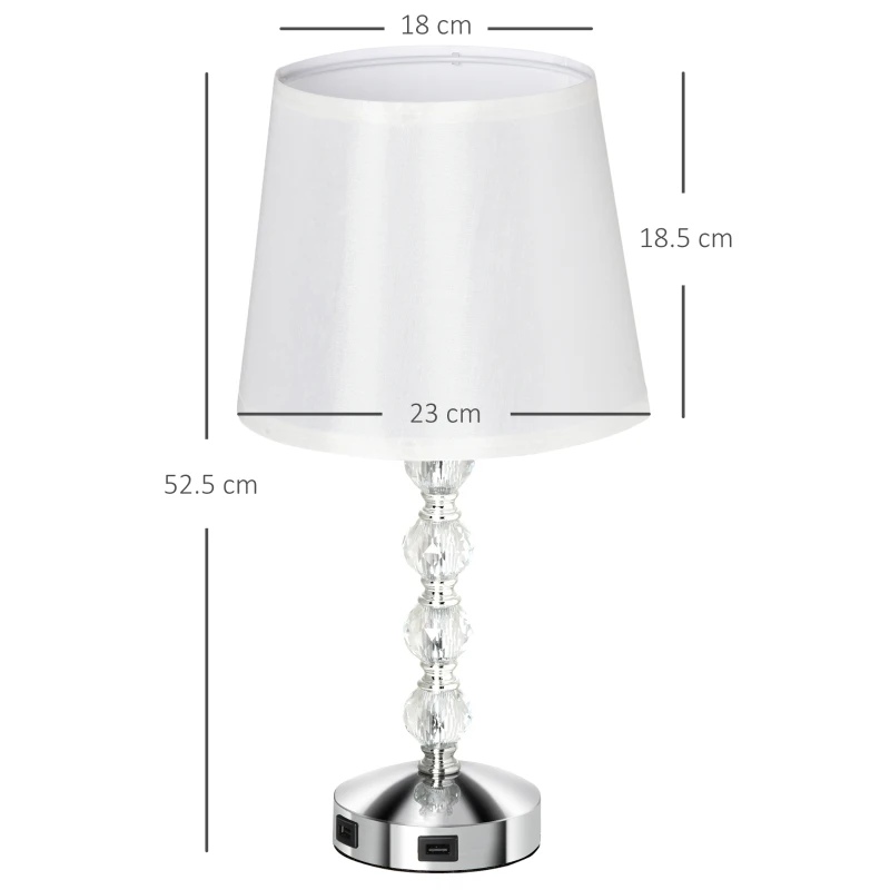 HOMCOM Lampada da Tavolo con Cristalli e 2 Prese USB, Interruttore Touch e Attacco E27, Ф23x45cm, Bianco e Argento