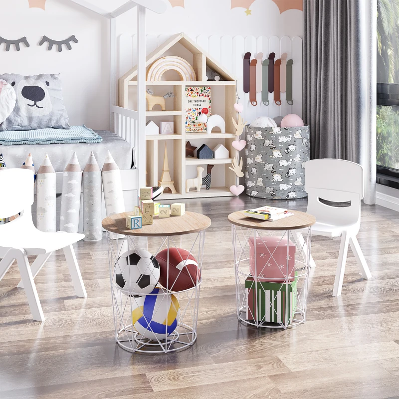 HOMCOM Lot de 2 Tables Basses gigognes Tables d'appoint Rondes encastrables Style néo-rétro Bicolore Structure métal Blanc Plateau MDF Coloris hêtre
