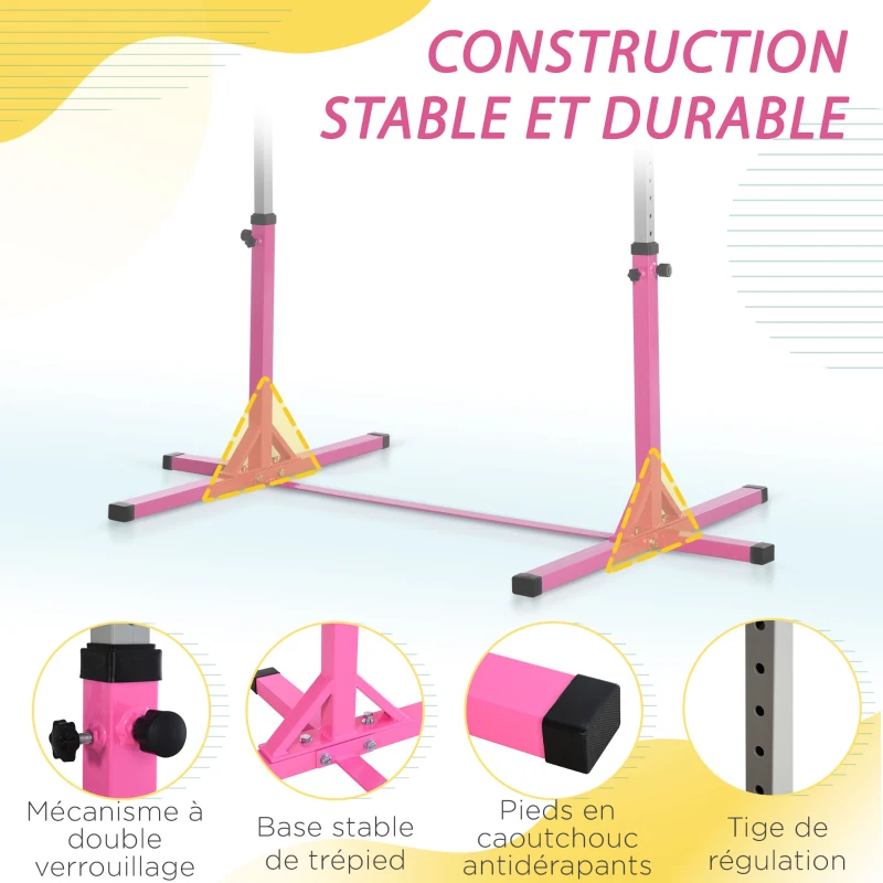 HOMCOM Barre fixe de gymnastique pour enfant, hauteur réglable 13 niveaux de 92-150 cm, acier et bois en hêtre, barre d'entrainement de gymnastique à domicile, antidérapant, facile à assembler, rose