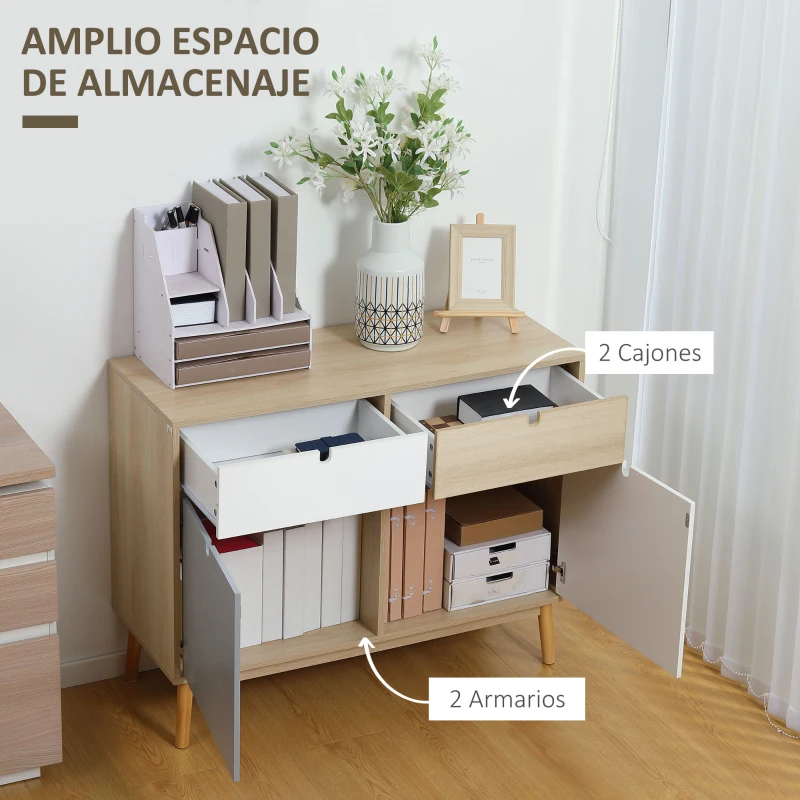HOMCOM Aparador Auxiliar Mueble de Almacenamiento de Salón con 2 Armarios Cerrados y 2 Cajones Patas Elevadas de Madera de Pino para Cocina Dormitorio Entrada 100x40x79,5 cm Multicolor(m-4)
