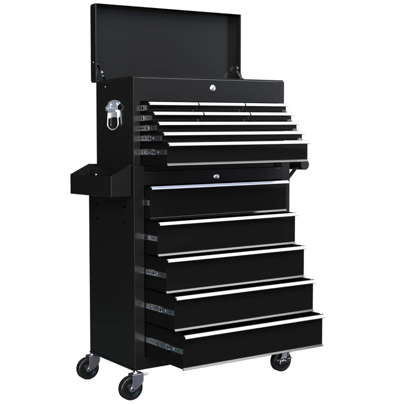 HOMCOM 14 Drawer, Two-Part Tool Storage Chest on Wheels - Black