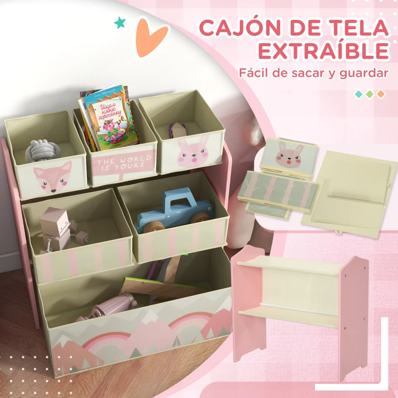 ZONEKIZ Organizador de Juguetes para Niños Estantería para Juguetes con 6 Cajas de Tela no Tejida Extraíbles 63x30x66 cm Rosa