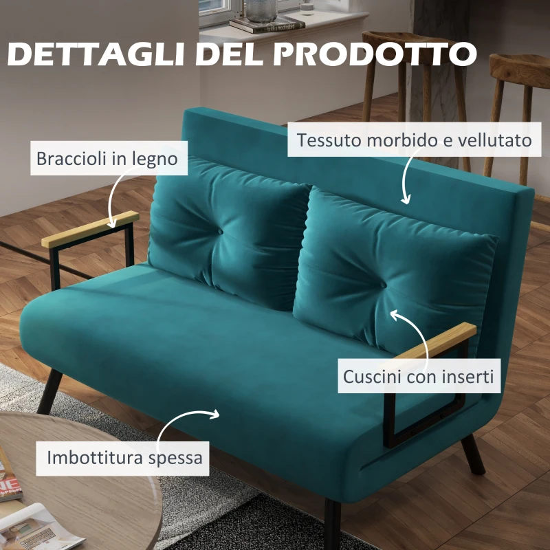 HOMCOM Divano Letto Matrimoniale 3 in 1 Vellutato con Schienale Regolabile in 5 Livelli e Cuscini, Blu Scuro