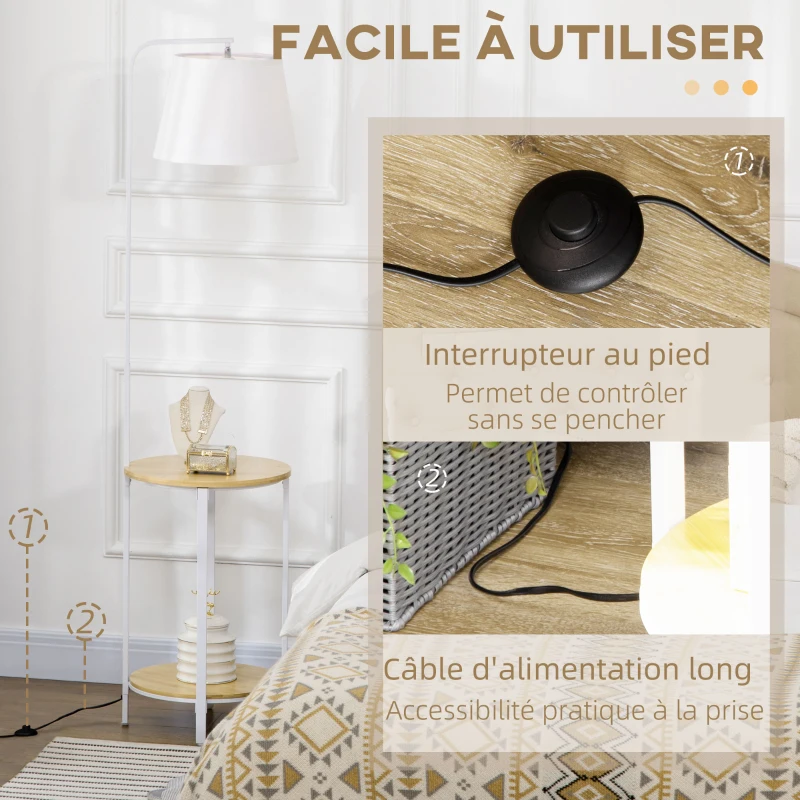 HOMCOM Lampadaire sur pied avec abat-jour en tissu 2 étagères rondes en bois interrupteur au pied hauteur 162 cm blanc