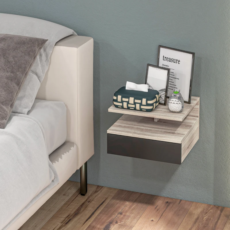 HOMCOM Juego de 2 Mesitas de Noche Flotantes Mesitas de Noche Colgantes con 1 Cajón y Estante Abierto para Dormitorio 35x32x22,5 cm Roble y Negro
