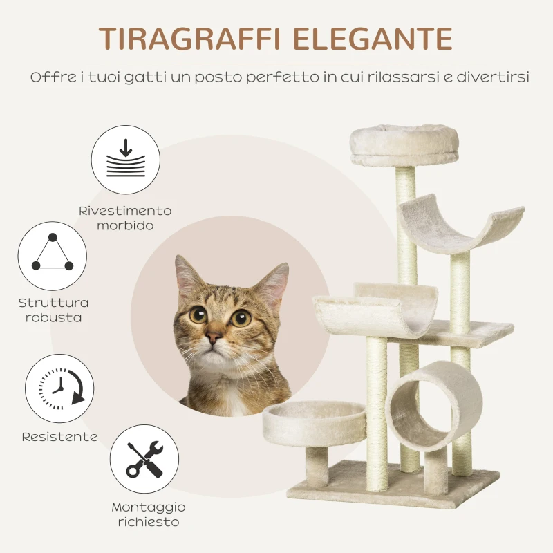PawHut Albero Tiragraffi Gioco Giocattolo per Gatti con Diverse Piattaforme in Sisal Naturale Altezza 105cm Crema
