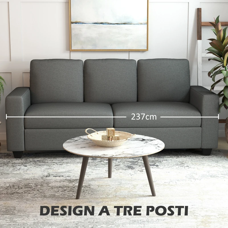 HOMCOM Divano 3 Posti in Tessuto con Cuscini Imbottiti e Rivestimento Effetto Lino, 237x94x102cm, Grigio