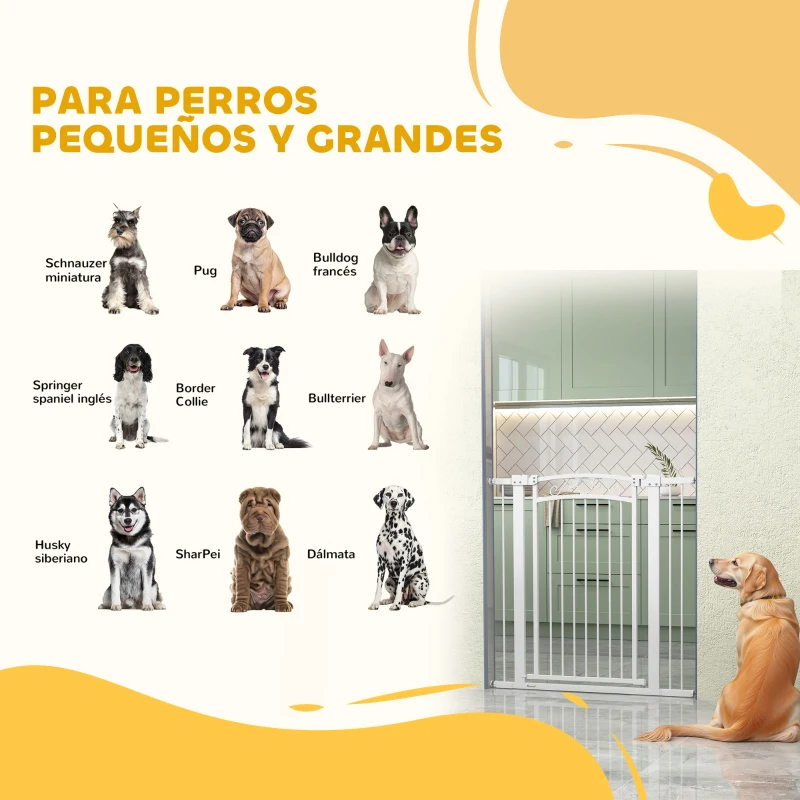 PawHut Puerta para Perros con Ancho Ajustable 76-104 cm Barrera de Seguridad con 2 Extensiones y Doble Bloqueo Blanco