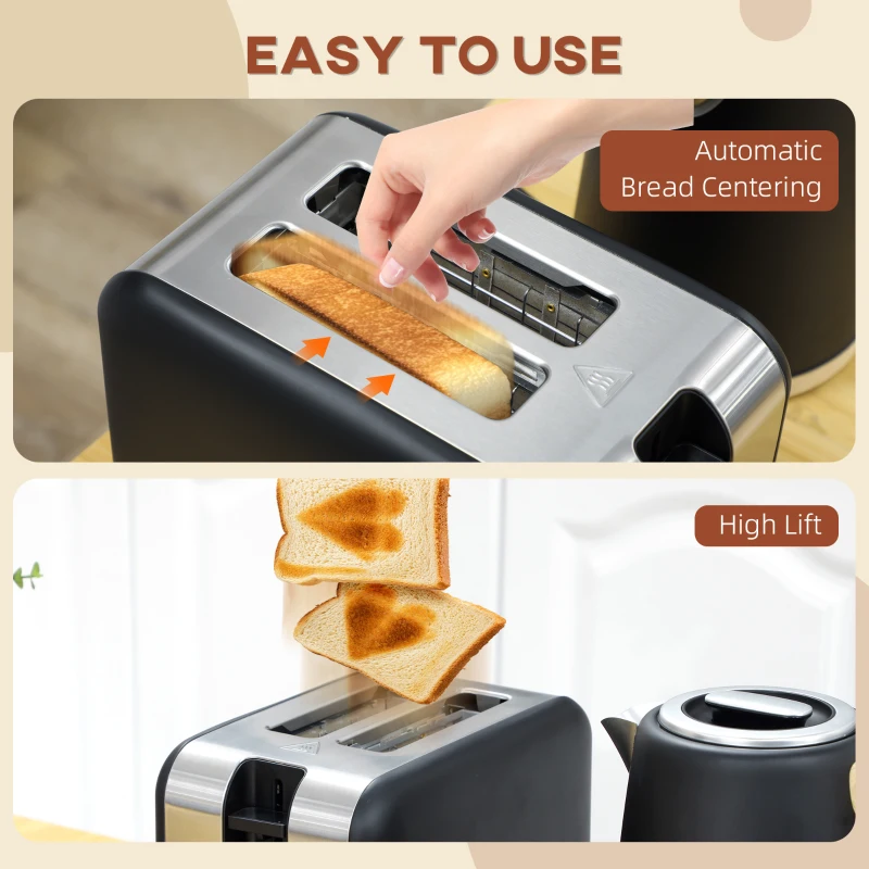 HOMCOM Stainless Steel Kettle and Toaster Set, 1.7L 3000W Fast Boil Kettle & 2 Slice Toaster Kitchen Set with 7 Level Browning Controls, Defrost, Reheat, Auto Off, Boil-dry Protection, Black