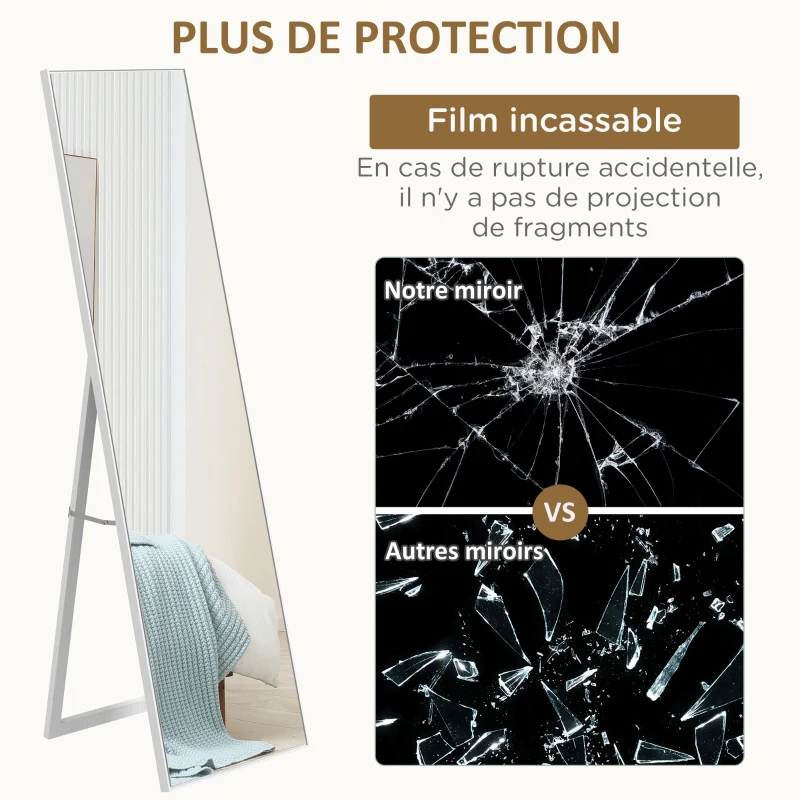 HOMCOM Miroir rectangulaire sur pied miroir de sol pour vestiaire salon salle de bain couloir 40 x 47 x 147 cm blanc