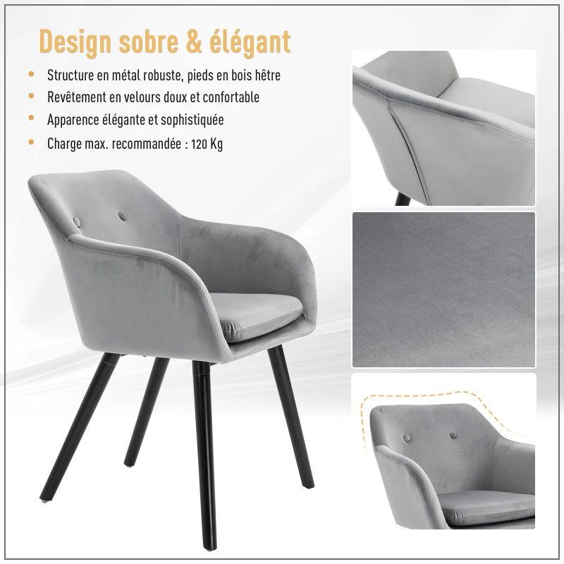 HOMCOM Chaises de salle à manger chaise de cuisine chaises de salon scandinave - Lot de 2 - Pieds effilés Bois Noir - Velours Gris