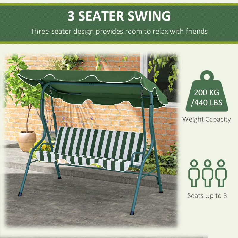 Outsunny 3 Seater Garden Swing Seat Chair Outdoor Bench with Adjustable Canopy and Metal Frame, Green Stripes