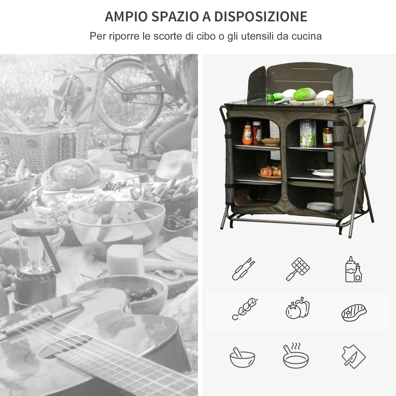 Outsunny Cucina da Campeggio, Tavolino da Campeggio o Picnic in Alluminio, Pieghevole e con Sacca da Viaggio, Verde, 94x57x109cm