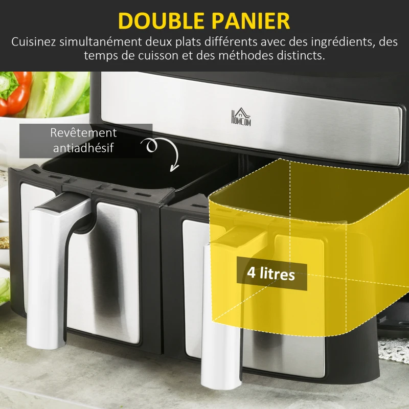 HOMCOM Friteuse à air sans huile, Air Fryer, double compartiment 8 L, 2400 W - 10 programmes, température réglable, minuterie