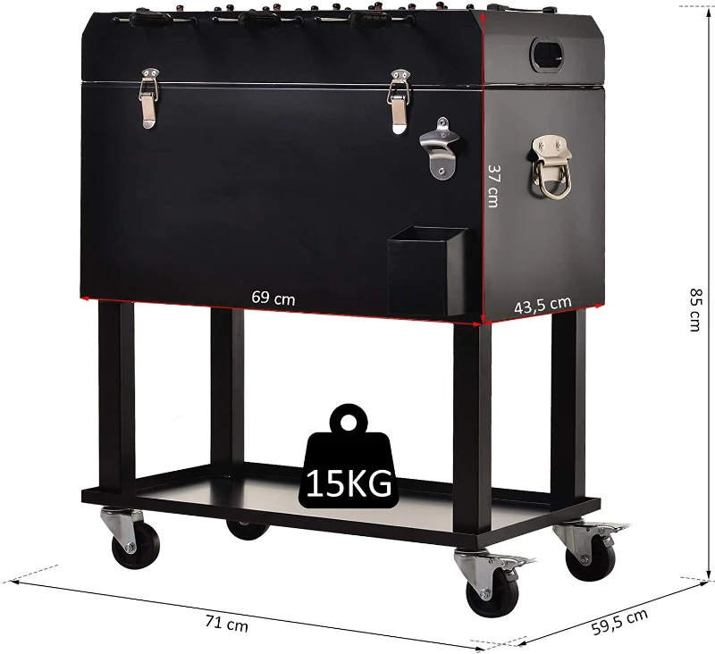 Outsunny Kühlbox mit Tischkicker, 2-in-1, 65L Weinkühler, Tischfußball, Kühlwagen mit 4 Rollen, Metall Schwarz 71 x 59,5 x 85 cm