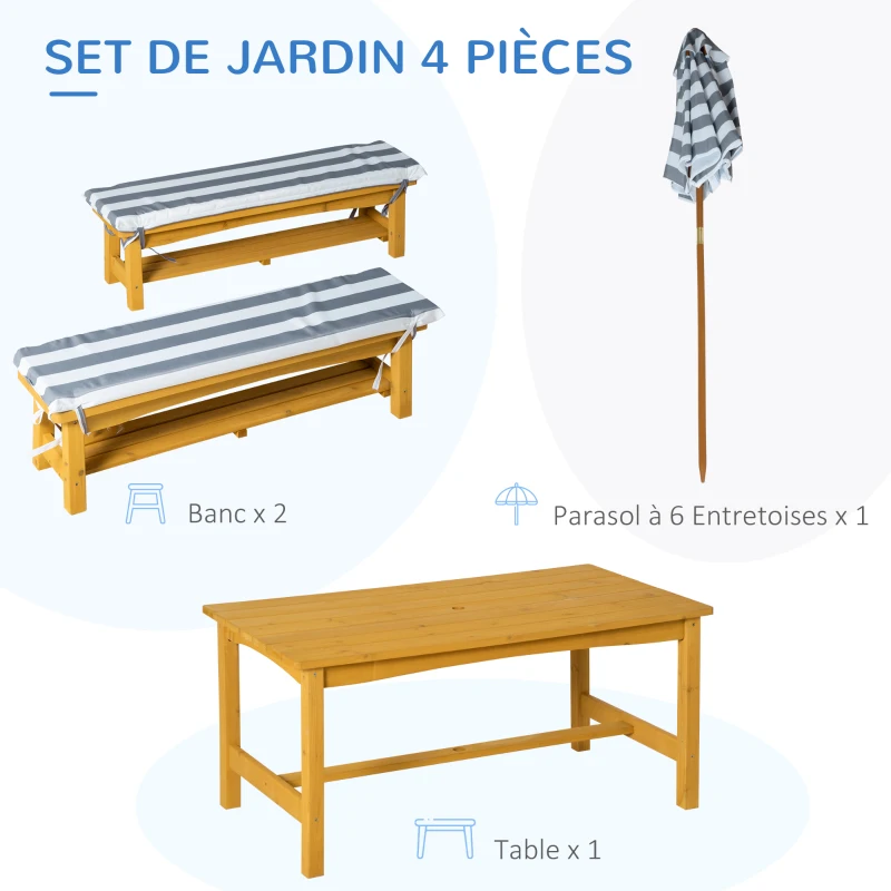 Outsunny Ensemble salon de jardin enfant 4 pièces style pique-nique - 2 bancs, table, parasol - sapin lasuré miel polyester gris blanc rayé