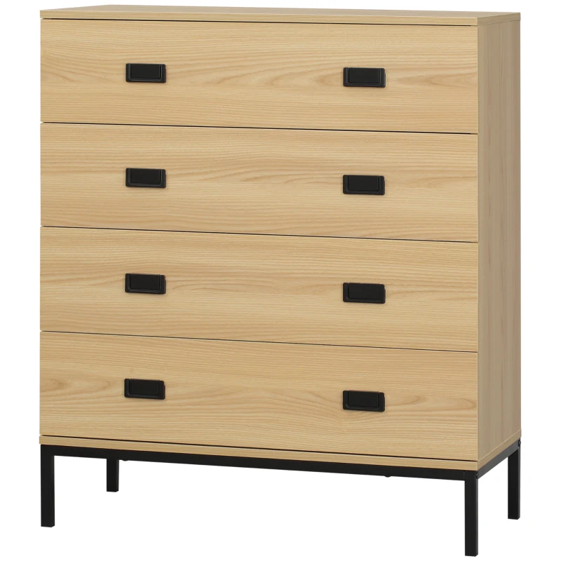 HOMCOM Commode 4 tiroirs meuble de rangement design industriel piètement métal noir 80 x 39 x 95 cm naturel