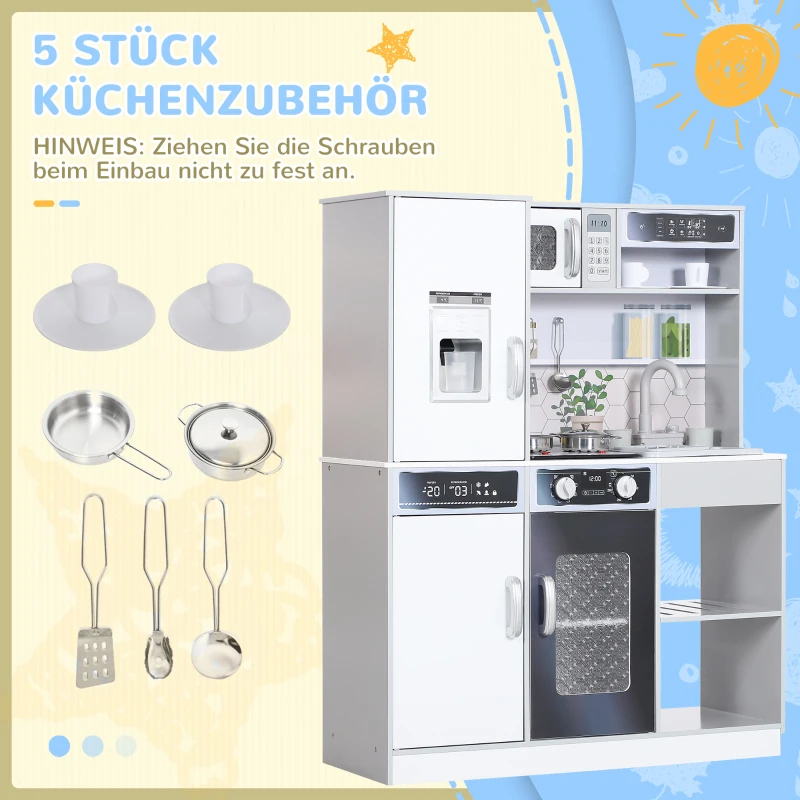 AIYAPLAY Spielküchen-Set mit Edelstahl-Geschirrset, Herd, Spüle mit Wasserkreislauf, Licht- & Soundeffekte, Weiß(m-7)