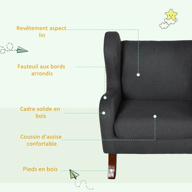 HOMCOM Fauteuil Enfant Oreilles Grand Confort accoudoirs Assise Dossier garnissage Mousse Haute densité piètement Bois hévéa Verni Lin Gris