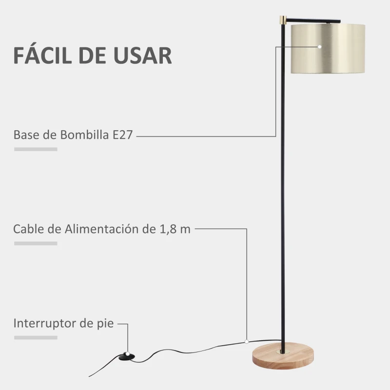 HOMCOM Lámpara de Pie con Pantalla Colgante de Tela E27 Máx. 40W Base de Madera e Interruptor de Pie Lámpara de Suelo para Salón Dormitorio 48x32x152 cm Dorado