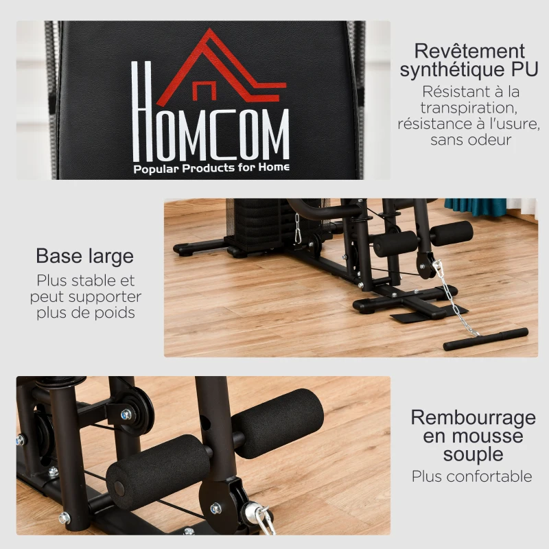 HOMCOM Station de musculation entrainement complet développé couché butterfly barre latissimus curler bande résistance 10 contrepoids 45 kg avec filet de protection acier noir(m-7)