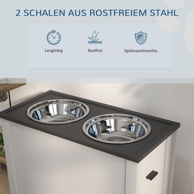 PawHut Futterstation Erhöhte Fressnäpfe 1 Stauraum 2 Edelstahl-Futternäpfe, 60 x 30 x 42cm, Weiß + Grau