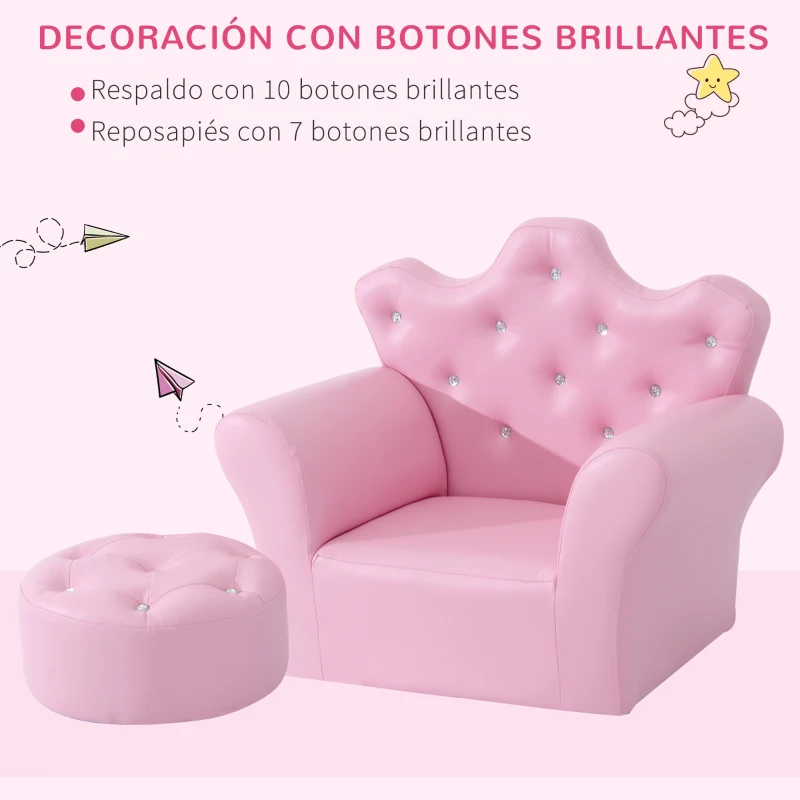 HOMCOM Sofá para Niños con Reposapiés Sillón Infantil Decorativo con Respaldo Alto en Forma de Corona y Reposabrazos Acolchado 58x40,5x49 cm Rosa