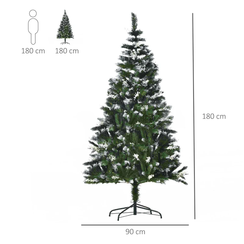 HOMCOM Albero di Natale Innevato 180cm con Bacche Decorative Bianche, Base Rimovibile Pieghevole, 603 Rami, Verde
