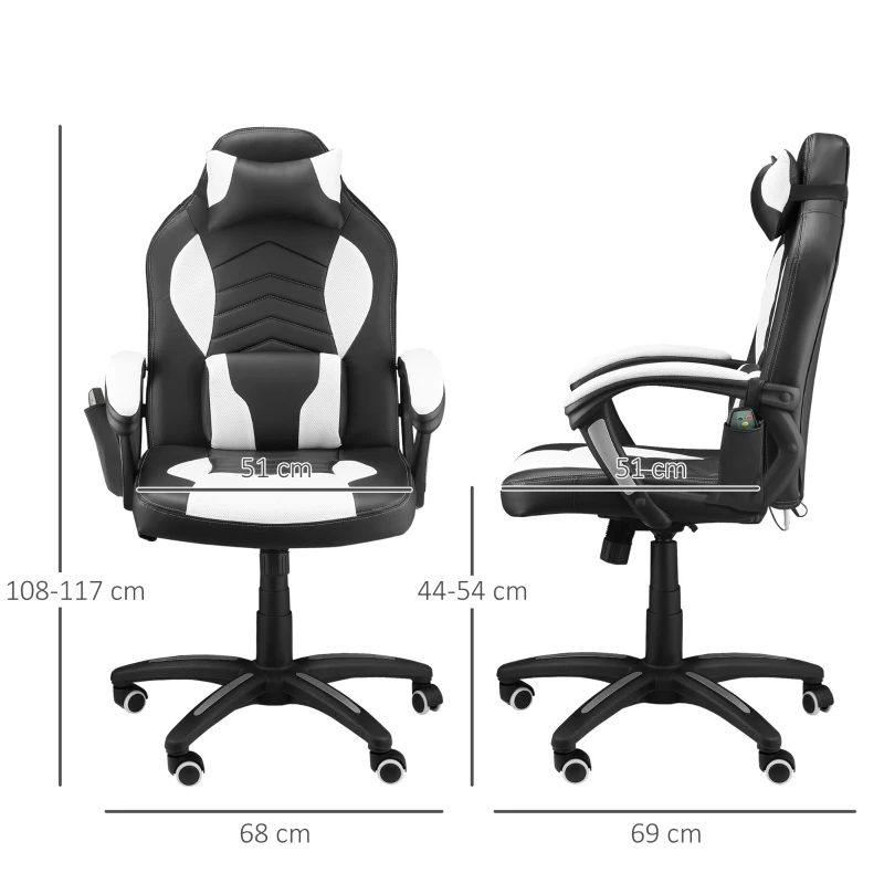 HOMCOM Bürostuhl Massagesessel Massagefunktion mit 6 Vibrationspunkte Ergonomischer Gaming Stuhl mit Wärmefunktion Kunstleder Weiß 68 x 69 x 108-117cm